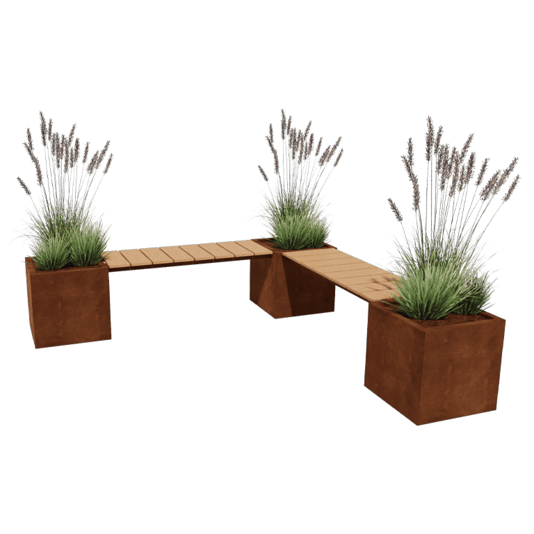 Jardinière en acier Corten - Carré - Configuration d'angle - 221,2 x 221,2 x 50 cm - Avec banc