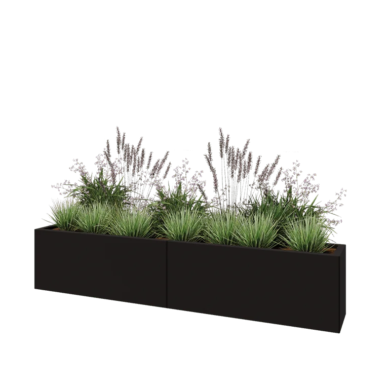 Jardinière XXL en acier - Rectangle - 200 x 30 x 40 cm - RAL9005 mat (noir) - Sanc plaque de fond
