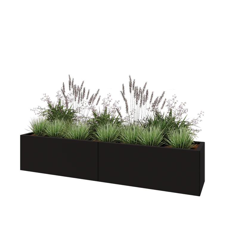 Jardinière XXL en acier - Rectangle - 200 x 40 x 40 cm - RAL9005 mat (noir) - Sanc plaque de fond