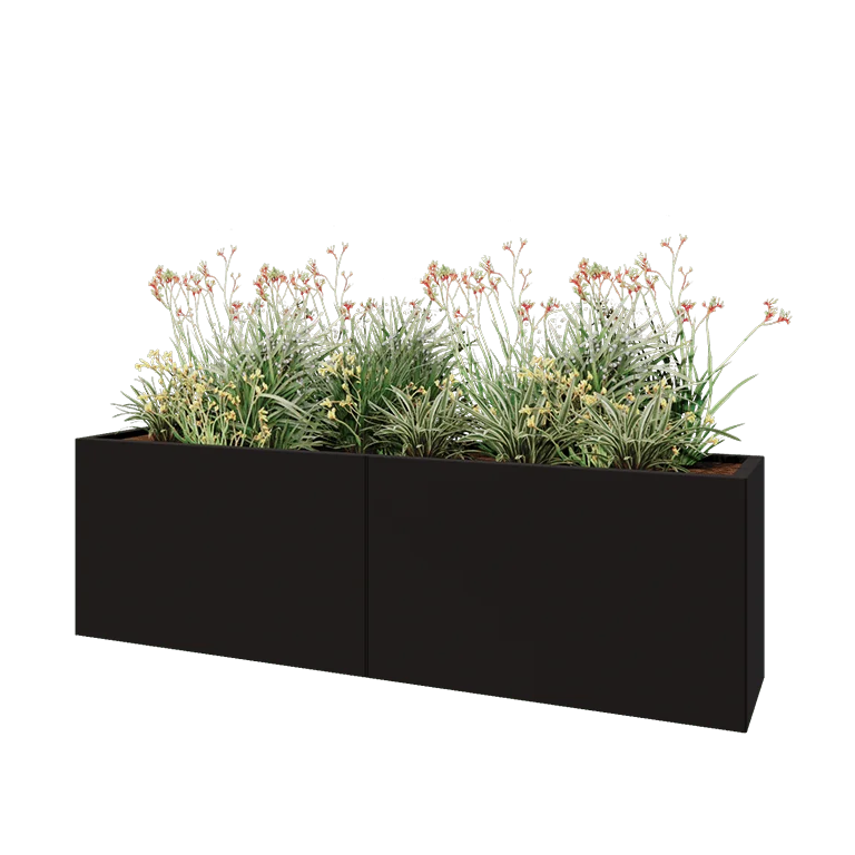 Jardinière XXL en acier - Rectangle - 200 x 40 x 60 cm - RAL9005 mat (noir) - Avec plaque de fond