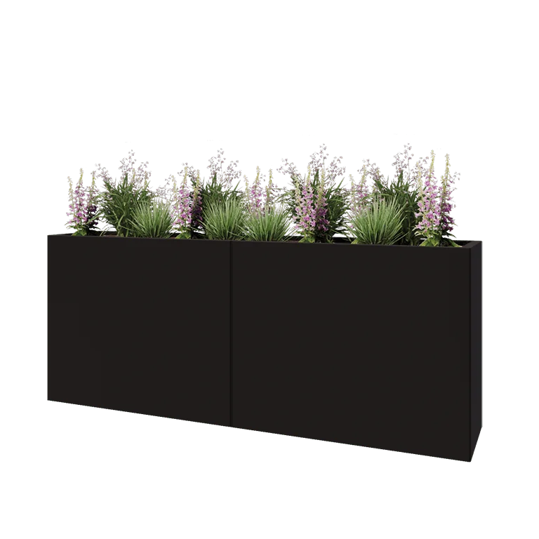 Jardinière XXL en acier - Rectangle - 200 x 40 x 80 cm - RAL9005 mat (noir) - Sanc plaque de fond