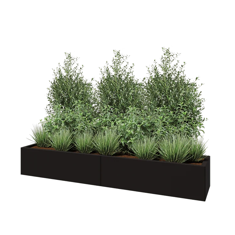 Jardinière XXL en acier - Rectangle - 200 x 40 x 30 cm - RAL9005 mat (noir) - Avec plaque de fond