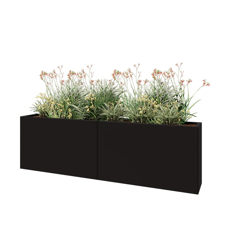 Jardinière XXL en acier - Rectangle - 200 x 30 x 60 cm - RAL9005 mat (noir) - Sanc plaque de fond
