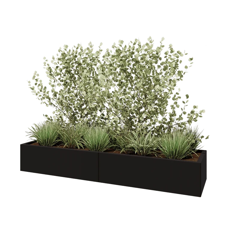 Jardinière XXL en acier - Rectangle - 200 x 50 x 30 cm - RAL9005 mat (noir) - Avec plaque de fond