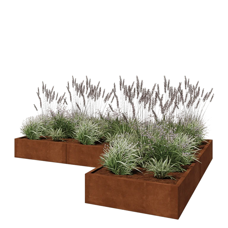Jardinière en acier Corten - Forme en L - 300 x 200 x 30 cm - Avec plaque de fond