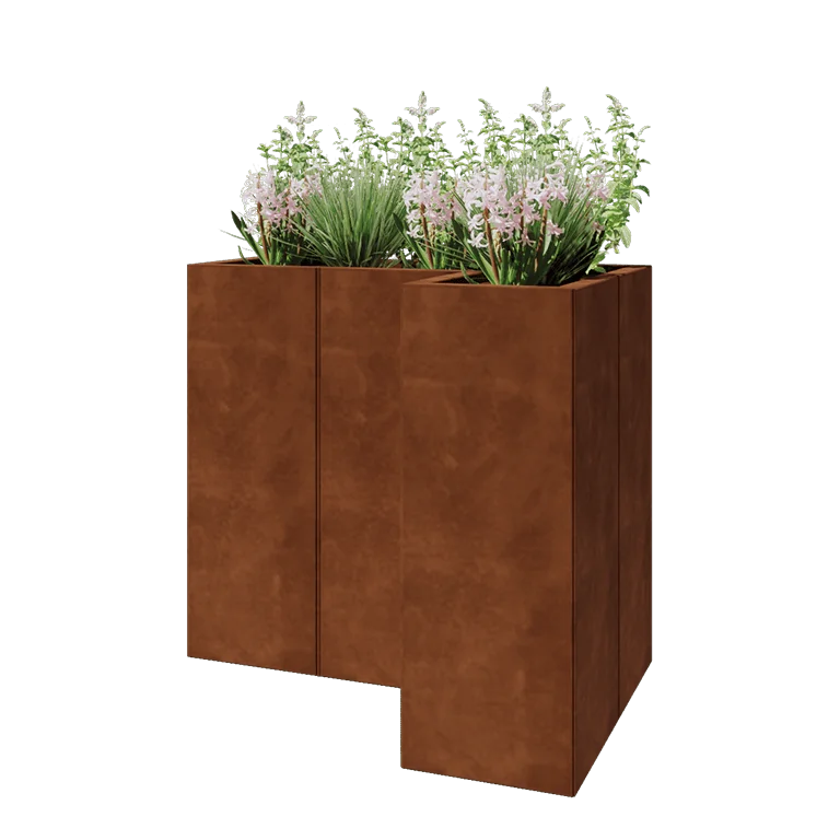 Jardinière en acier Corten - Forme en L - 90 x 60 x 80 cm - Avec plaque de fond