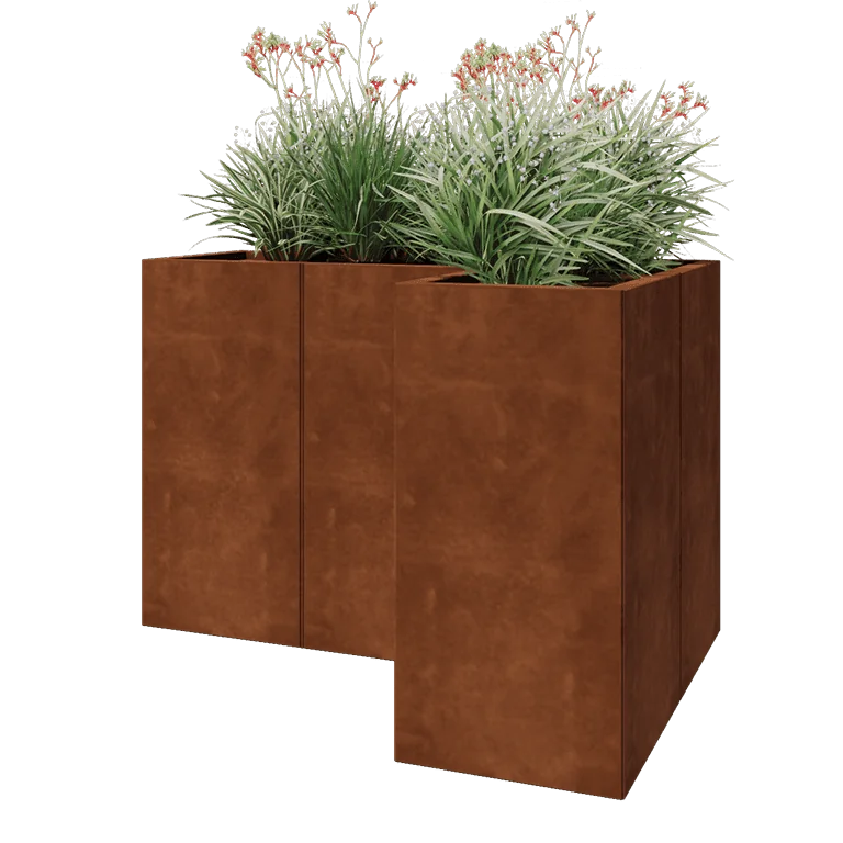 Jardinière en acier Corten - Forme en L - 120 x 80 x 80 cm - Avec plaque de fond