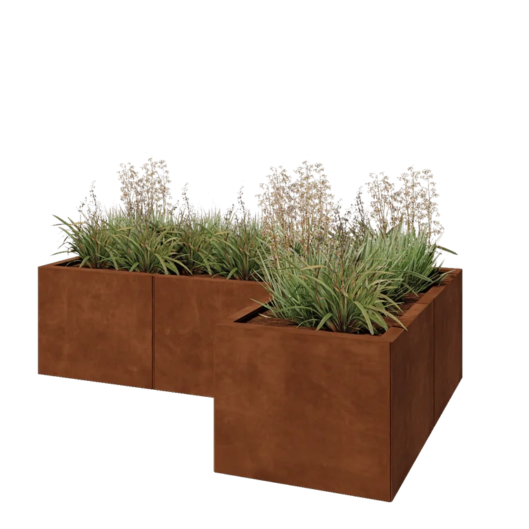 Jardinière en acier Corten - Forme en L - 150 x 100 x 40 cm - Avec plaque de fond