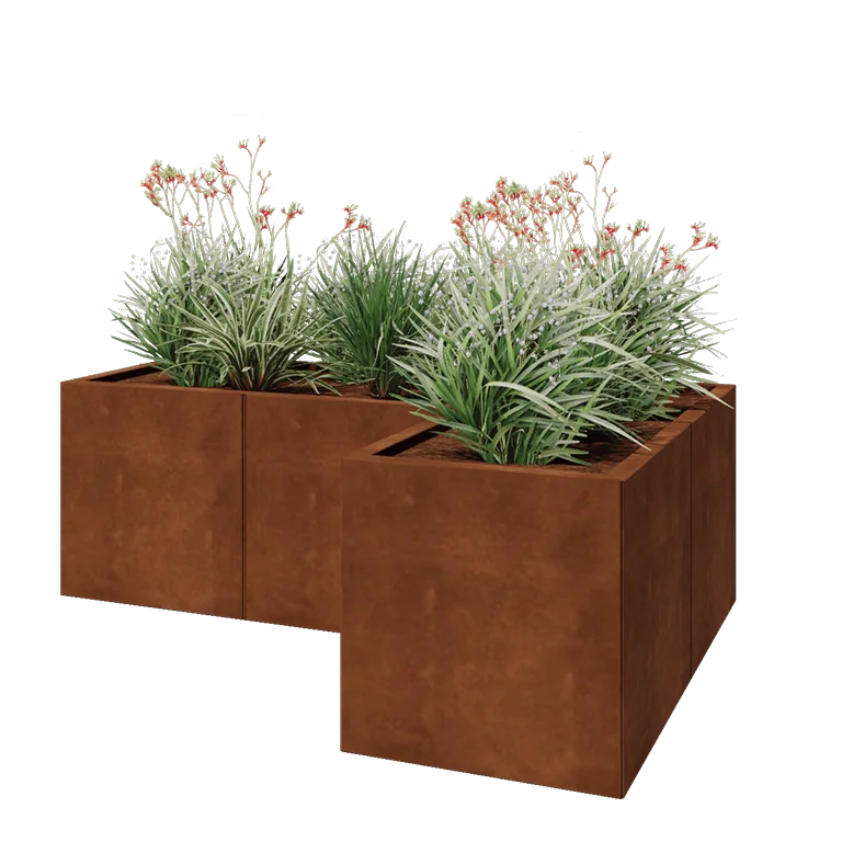 Jardinière en acier Corten - Forme en L - 150 x 100 x 50 cm - Avec plaque de fond