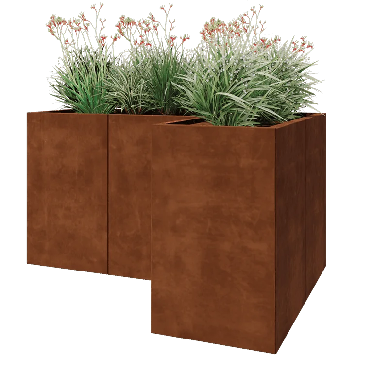Jardinière en acier Corten - Forme en L - 150 x 100 x 80 cm - Avec plaque de fond