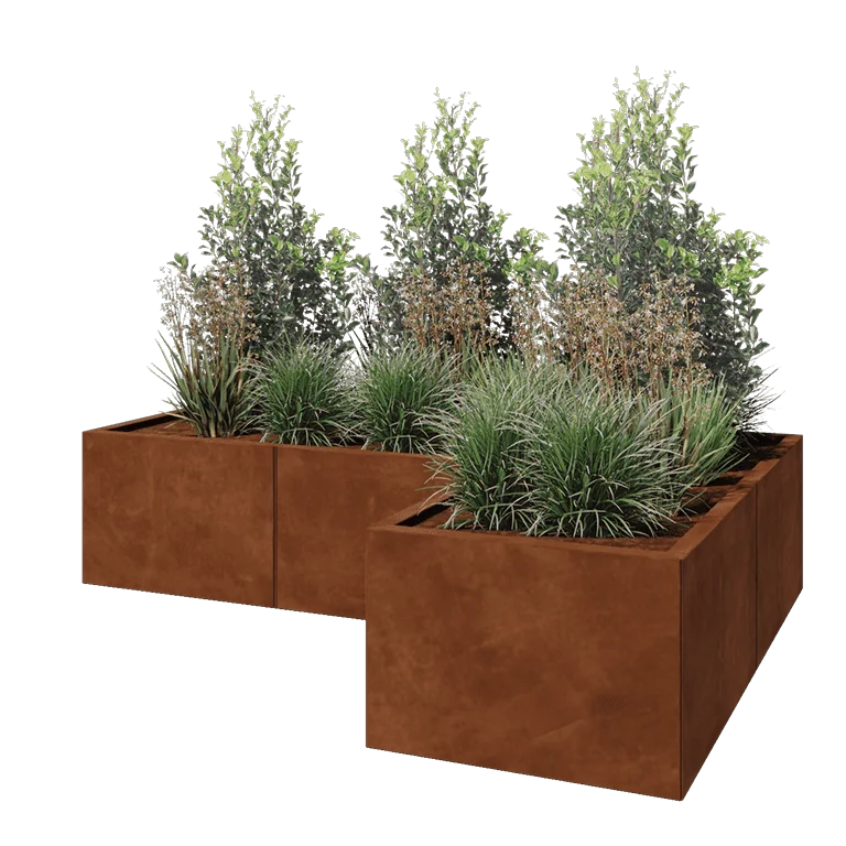 Jardinière en acier Corten - Forme en L - 180 x 120 x 40 cm - Avec plaque de fond