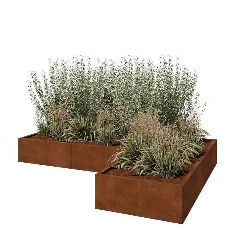 Jardinière en acier Corten - Forme en L - 240 x 160 x 30 cm - Avec plaque de fond