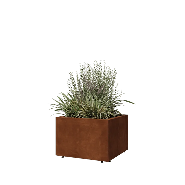Jardinière en acier Corten - Carré - 60 x 60 x 40 cm - Avec plaque de fond - Avec pieds