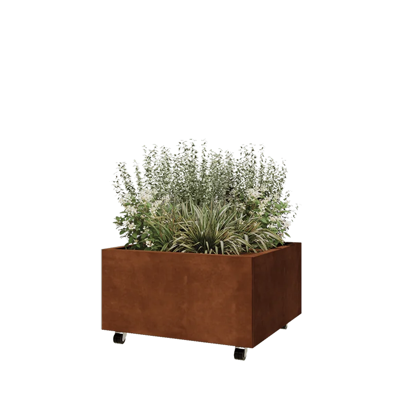 Jardinière en acier Corten - Carré - 80 x 80 x 40 cm - Avec plaque de fond - Avec roulettes