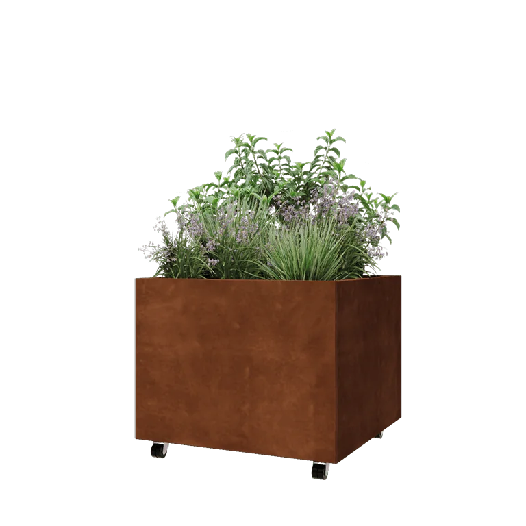 Jardinière en acier Corten - Carré - 80 x 80 x 60 cm - Avec plaque de fond - Avec roulettes