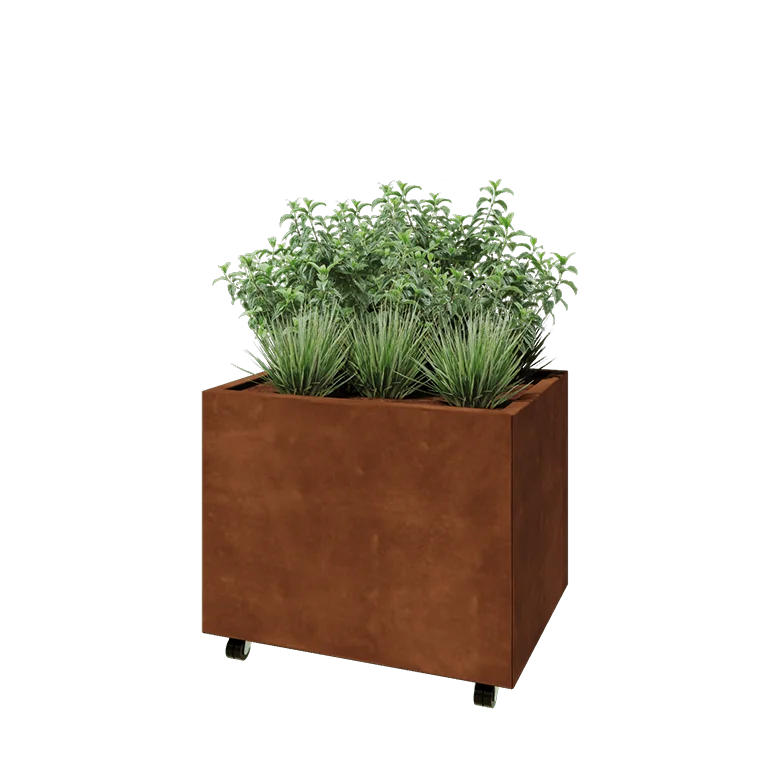 Jardinière en acier Corten - Rectangle - 80 x 60 x 60 cm - Avec plaque de fond - Avec roulettes