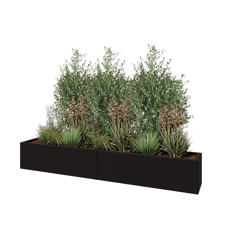 Jardinière XXL en acier - Rectangle - 200 x 30 x 30 cm - RAL9005 mat (noir) - Avec plaque de fond