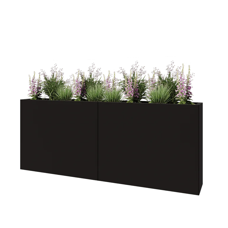 Jardinière XXL en acier - Rectangle - 200 x 30 x 80 cm - RAL9005 mat (noir) - Sanc plaque de fond