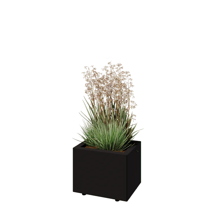 Jardinière en acier - Rectangle - 40 x 30 x 30 cm - RAL9005 mat (noir) - Avec plaque de fond - Avec pieds
