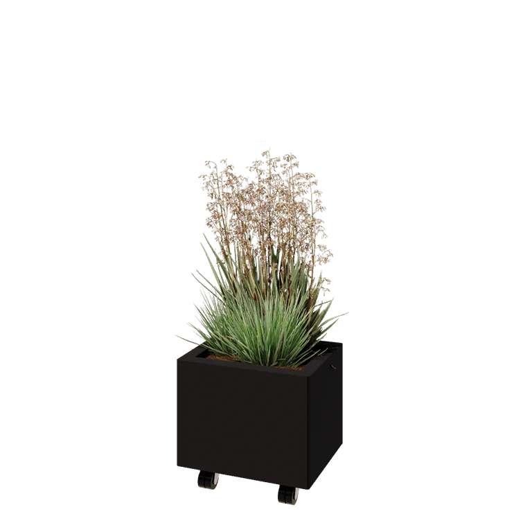 Jardinière en acier - Rectangle - 40 x 30 x 30 cm - RAL9005 mat (noir) - Avec plaque de fond - Avec roulettes