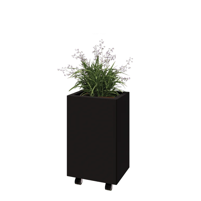 Jardinière en acier - Rectangle - 40 x 30 x 60 cm - RAL9005 mat (noir) - Avec plaque de fond - Avec roulettes