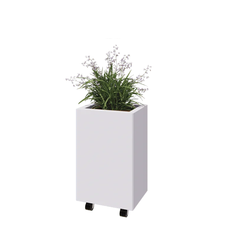 Jardinière en acier - Rectangle - 40 x 30 x 60 cm - RAL9010 mat (blanc) - Avec plaque de fond - Avec roulettes