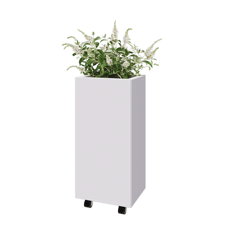 Jardinière en acier - Rectangle - 40 x 30 x 80 cm - RAL9010 mat (blanc) - Avec plaque de fond - Avec roulettes