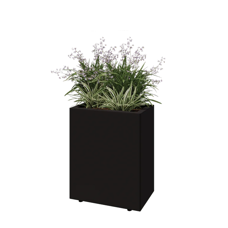 Jardinière en acier - Rectangle - 50 x 30 x 60 cm - RAL9005 mat (noir) - Avec plaque de fond - Avec pieds