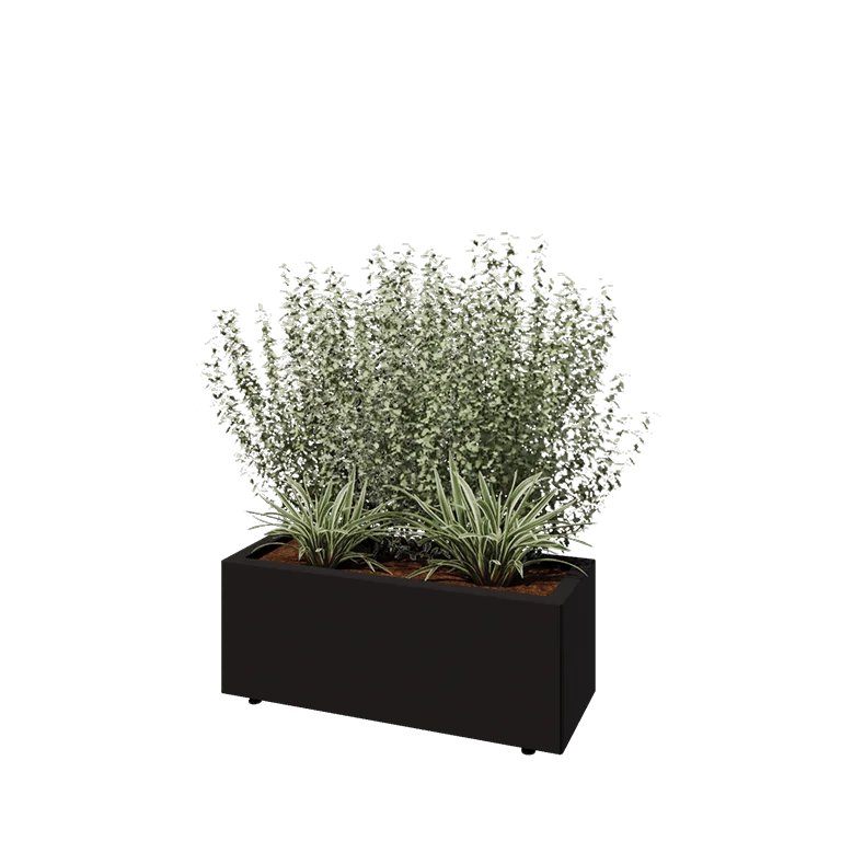 Jardinière en acier - Rectangle - 80 x 30 x 30 cm - RAL9005 mat (noir) - Avec plaque de fond - Avec pieds