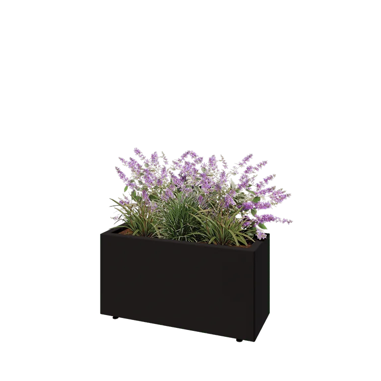 Jardinière en acier - Rectangle - 80 x 30 x 40 cm - RAL9005 mat (noir) - Avec plaque de fond - Avec pieds