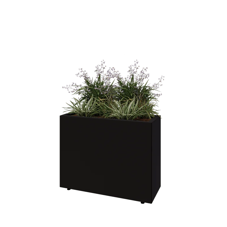 Jardinière en acier - Rectangle - 80 x 30 x 60 cm - RAL9005 mat (noir) - Avec plaque de fond - Avec pieds