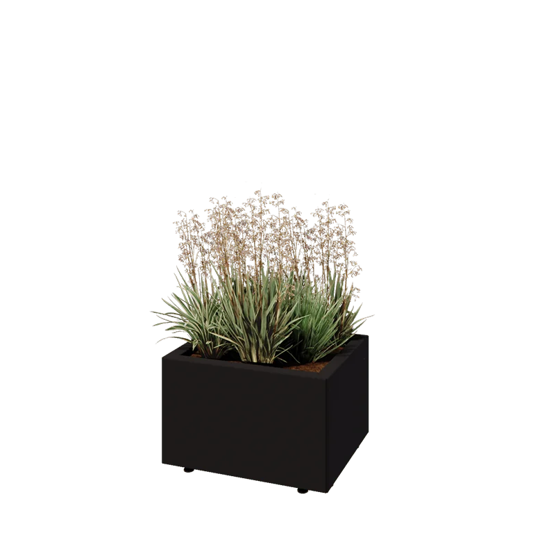Jardinière en acier - Rectangle - 50 x 40 x 30 cm - RAL9005 mat (noir) - Avec plaque de fond - Avec pieds