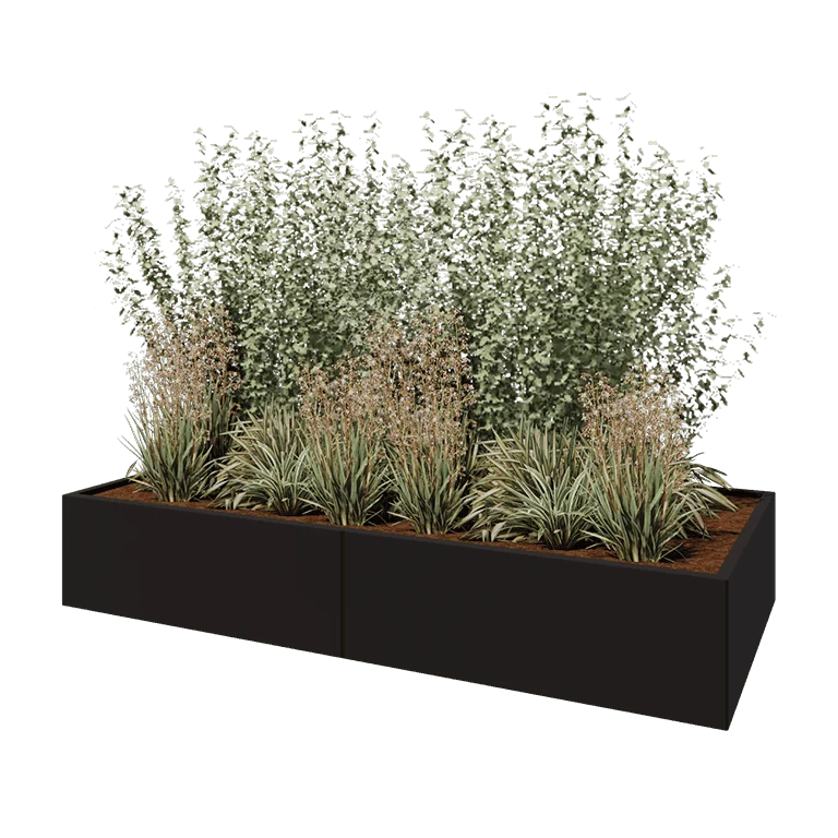 Jardinière XXL en acier - Rectangle - 240 x 100 x 40 cm - RAL9005 mat (noir) - Sanc plaque de fond