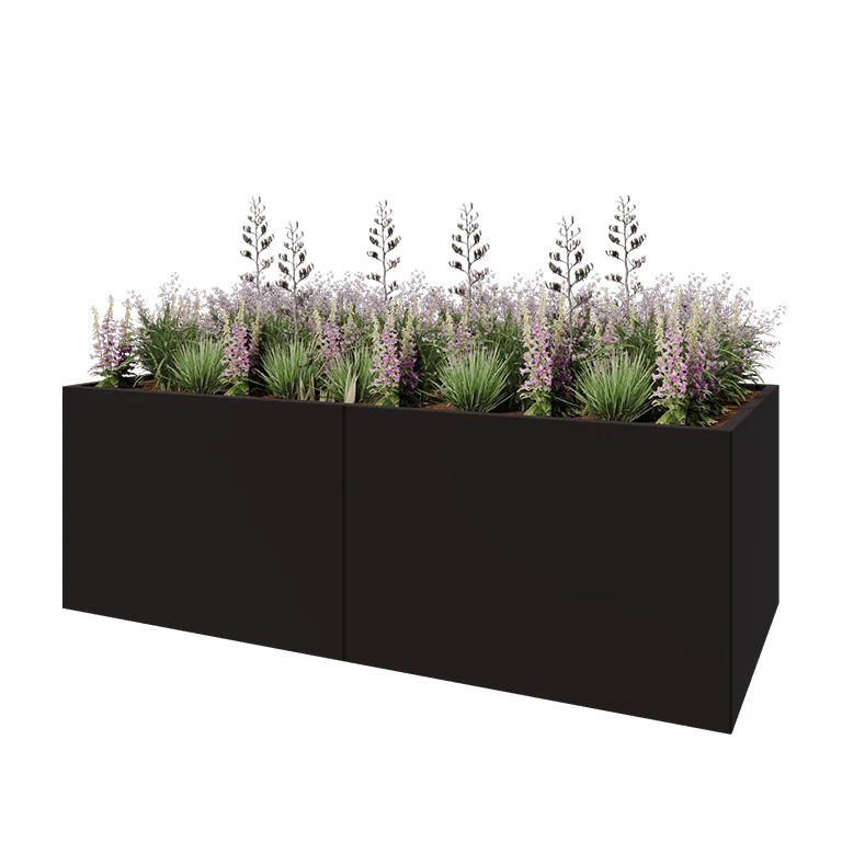 Jardinière XXL en acier - Rectangle - 240 x 100 x 80 cm - RAL9005 mat (noir) - Sanc plaque de fond