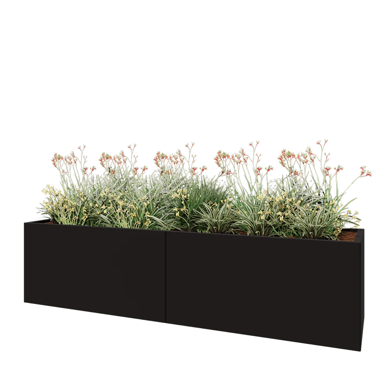 Jardinière XXL en acier - Rectangle - 240 x 60 x 60 cm - RAL9005 mat (noir) - Avec plaque de fond