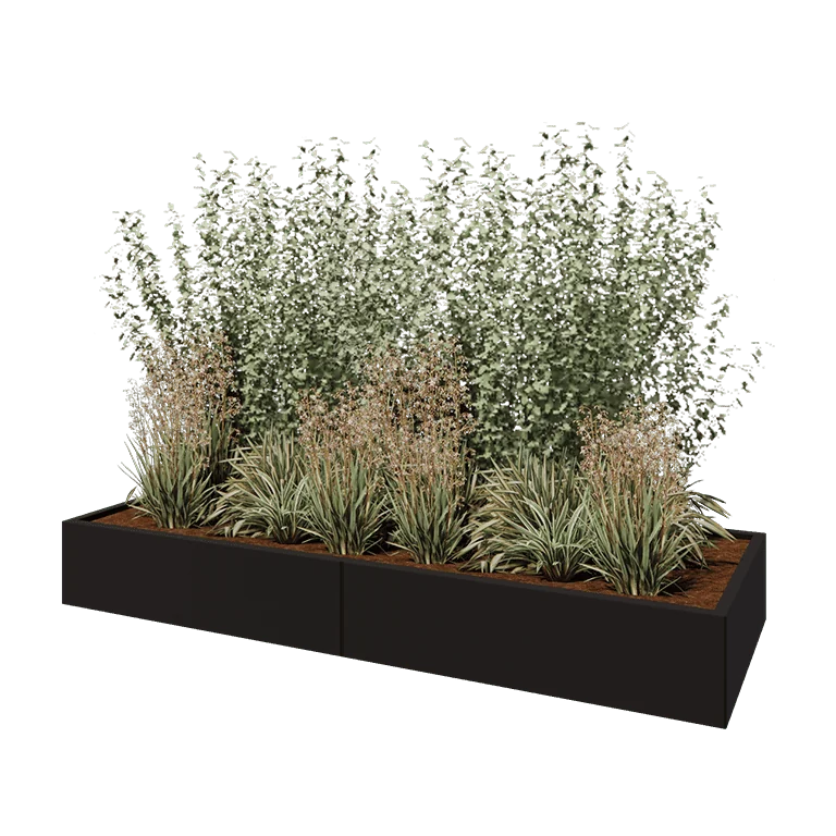 Jardinière XXL en acier - Rectangle - 240 x 80 x 30 cm - RAL9005 mat (noir) - Avec plaque de fond