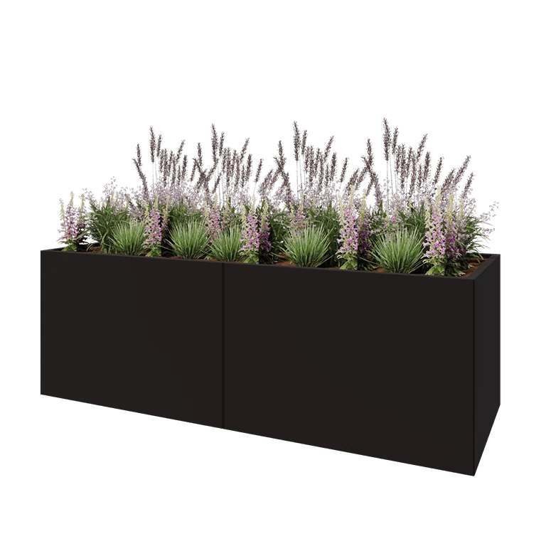 Jardinière XXL en acier - Rectangle - 240 x 80 x 80 cm - RAL9005 mat (noir) - Avec plaque de fond