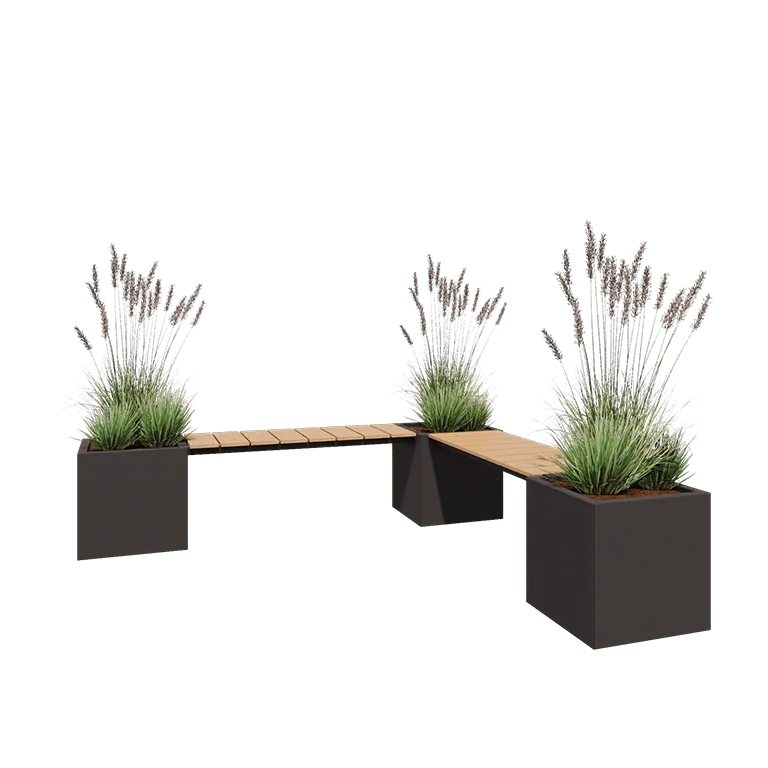 Jardinière en acier - Carré - Configuration d'angle - 221,2 x 221,2 x 50 cm - RAL7016 mat (gris anthracite) - Sanc plaque de fond - Avec banc 