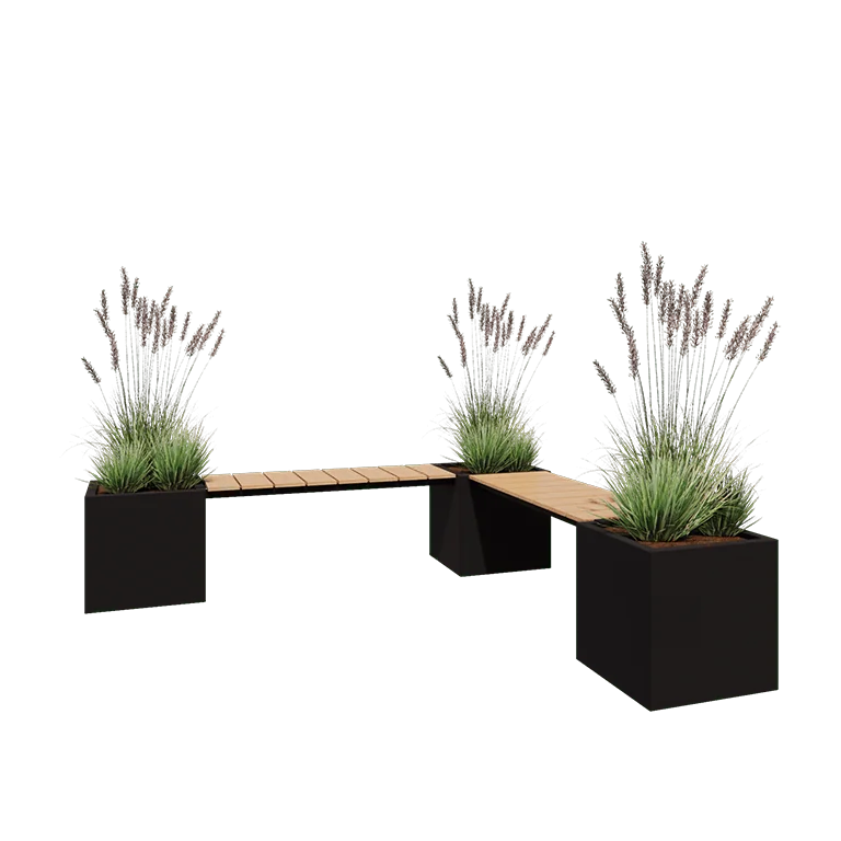 Jardinière en acier - Carré - Configuration d'angle - 221,2 x 221,2 x 50 cm - RAL9005 mat (noir) - Sanc plaque de fond - Avec banc 