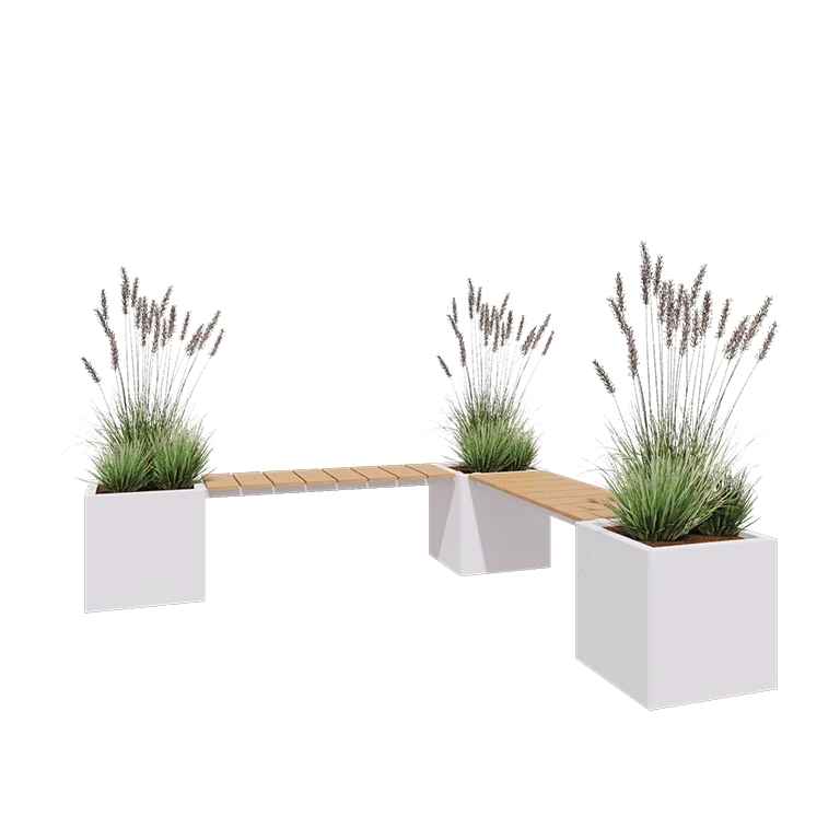 Jardinière en acier - Carré - Configuration d'angle - 221,2 x 221,2 x 50 cm - RAL9010 mat (blanc) - Avec plaque de fond - Avec banc 