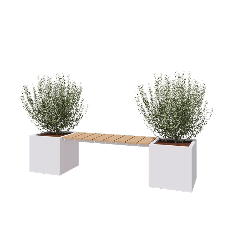 Jardinière en acier - Carré - 221,2 x 50 x 50 cm - RAL9010 mat (blanc) - Sanc plaque de fond - Avec banc 