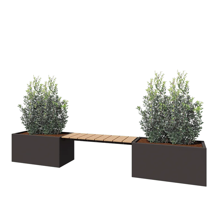 Jardinière en acier - Rectangle - 321,2 x 50 x 50 cm - RAL7016 mat (gris anthracite) - Avec plaque de fond - Avec banc 