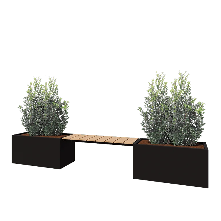 Jardinière en acier - Rectangle - 321,2 x 50 x 50 cm - RAL9005 mat (noir) - Avec plaque de fond - Avec banc 